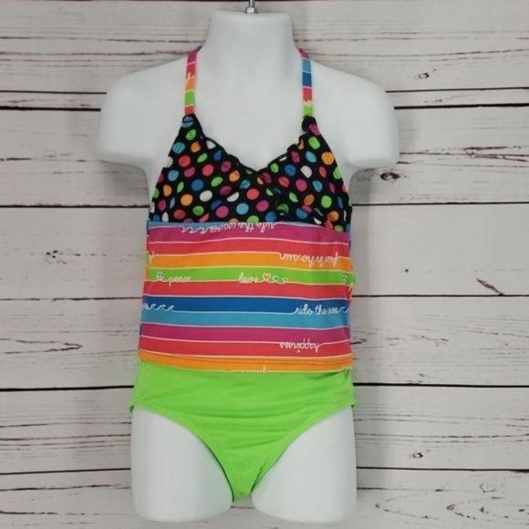 Candy Girl 2 Piece Neon Dots and Stripes‎ Swimsuit XS - Picture 1 of 7